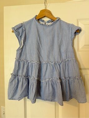 Striped Blue Ruffle Tiered Sleeveless Top